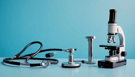 Microscope and stethoscope on blue background. Medical equipment.の素材
