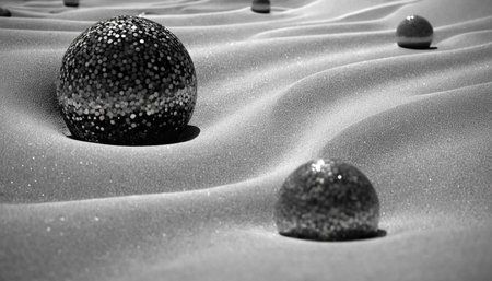 Black and white image of sand dunes with christmas balls.の素材