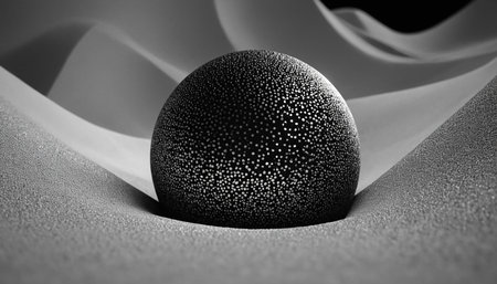 Black and white 3d rendering of sphere on white silk background.の素材