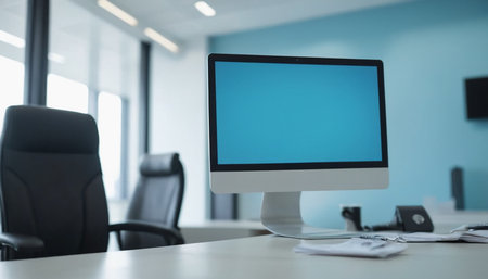 Blank computer monitor on the table in modern office. Blurred backgroundの素材