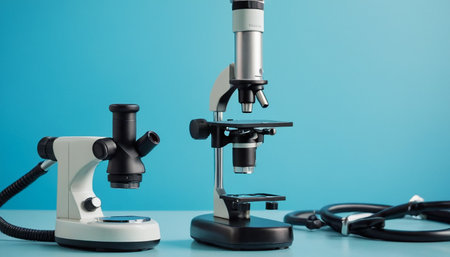 Microscope and stethoscope on blue background. Medical equipment.の素材