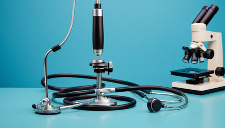 Microscope and stethoscope on a blue background. Medical equipmentの素材