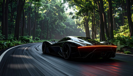 A black sport car on the road in the forest. 3d renderingの素材