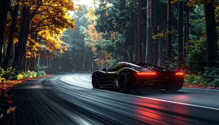 Black sport car on the road in the forest. 3d renderingの素材