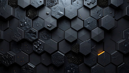 3d rendering of abstract geometric hexagon pattern background in black colorの素材