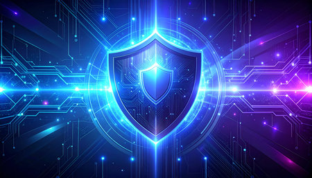 Cyber security concept. Shield on circuit board background. Vector illustrationの素材