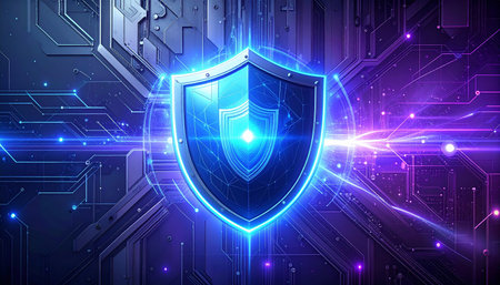 Cyber security concept with shield and circuit board. 3D Renderingの素材
