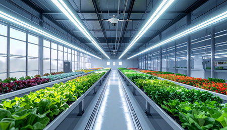 3d render of modern greenhouse interior with rows of fresh vegetables.の素材