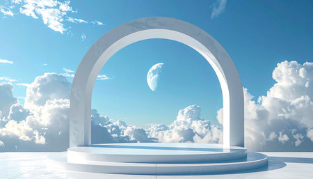 White arch with blue sky and white clouds background. 3d renderingの素材