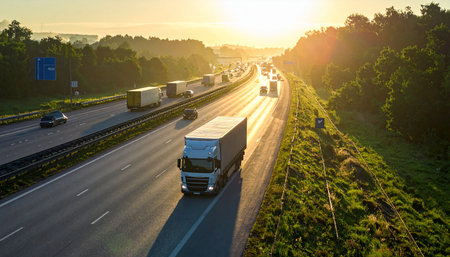 Highway with cars and trucks at sunset. Freight transportation.の素材