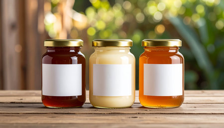 Honey jars with blank label on wooden table with bokeh backgroundの素材