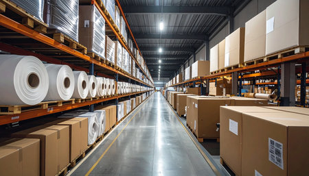 Interior of a warehouse with shelves and racks full of paper rollsの素材