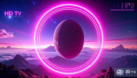 Space background with planet. 3d vector illustration. Neon lights.の素材