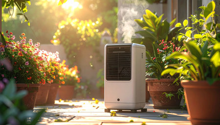 Modern air conditioner in the garden on a sunny summer day.の素材