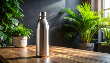 Stainless steel thermos bottle on wooden table in coffee shopの素材