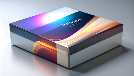 3D rendering of a box with a colorful abstract pattern in the backgroundの素材