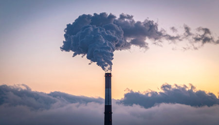 Smoke from the chimney of an industrial plant on a background of blue skyの素材