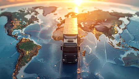 Closeup of a truck on the background of the world map.の素材