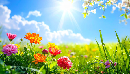 Spring meadow with colorful flowers and green grass. Nature background.の素材