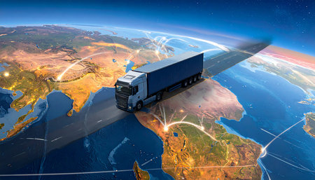Truck with cargo on the background of the planet Earth. 3d renderingの素材