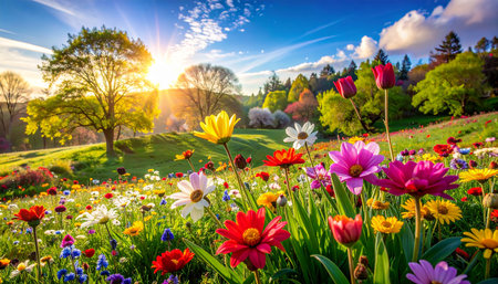 Colorful spring flowers in the park. Beautiful nature scene with colorful flowers.の素材