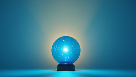 Crystal ball on a blue background. 3d rendering, 3d illustration.の素材
