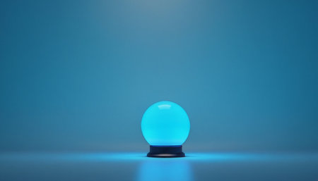 Blue crystal ball on a blue background. 3d render illustration.の素材