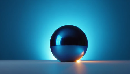 Blue glass ball on a blue background. 3d render illustration.の素材
