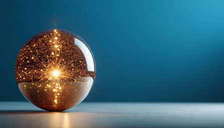 Magic crystal ball with golden sparkle on blue background. 3D renderingの素材
