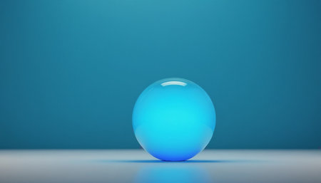 3d rendering of a blue glass sphere on a blue background.の素材