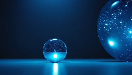 crystal ball with blue light on blue background. 3d renderingの素材