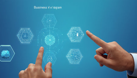 Businessman pressing virtual hologram with human brain, artificial intelligence conceptの素材