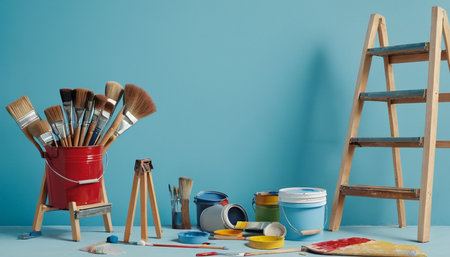 Paintbrushes, paint cans and ladder on blue wall backgroundの素材