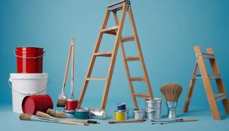 Painting tools on a blue background. 3d rendering. Mock upの素材