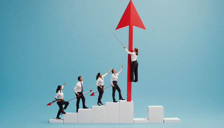 Teamwork concept with business people pulling red arrow up on blue backgroundの素材