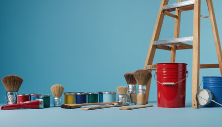 Painting tools and ladder on blue background. 3d rendering.の素材