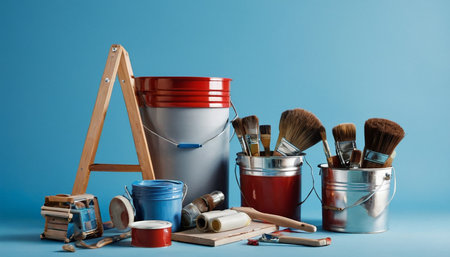 Paint bucket, brushes and other tools for painting on blue backgroundの素材