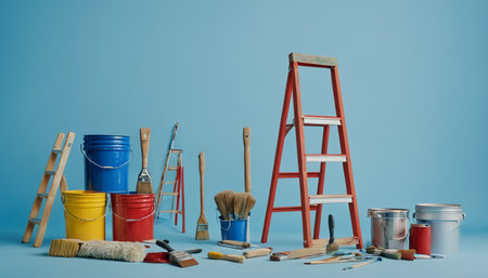Set of painting tools on blue background with copy space. Renovation concept.の素材