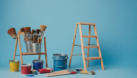 Painting tools on a blue background. Paintbrushes, paint can and ladderの素材