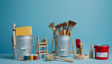 Paint brushes, paint bucket and ladder on blue background with copy spaceの素材