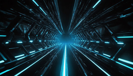 futuristic scifi tunnel corridor with glowing lights 3d rendering wallpaper backgroundの素材
