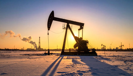 Oil drilling rig in the field in winter, closeup of photoの素材