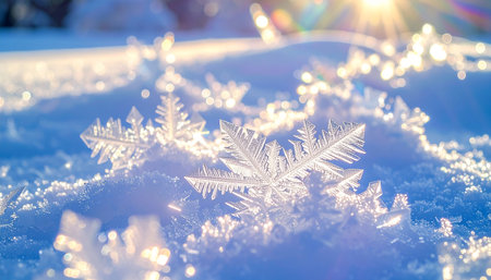 Snowflake on snow with bokeh lights, winter background.の素材