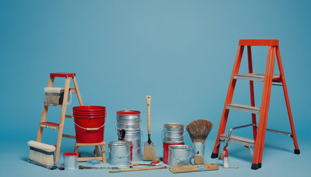 Repair and painting tools on blue background. Renovation concept.の素材