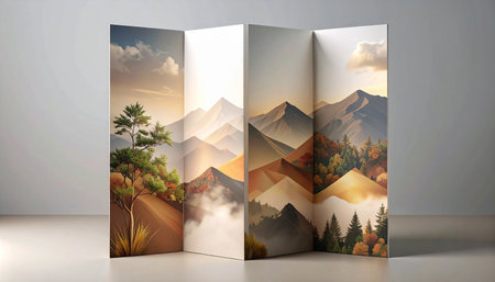 3d render of abstract landscape with mountains, trees and clouds.の素材