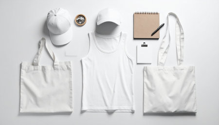 Blank white t-shirt mockup, blank cotton bag, notepad, compass and cap on white backgroundの素材