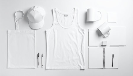 Blank white t-shirt mockup template with branding elements on white backgroundの素材