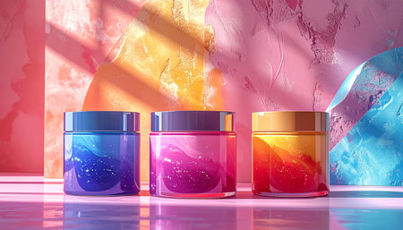 3d rendering of two bottles of cosmetic cream on a colorful backgroundの素材