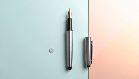 Close-up of a pen on a blue and pink background.の素材