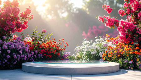 Round podium with beautiful flowers in the garden. 3d rendering.の素材
